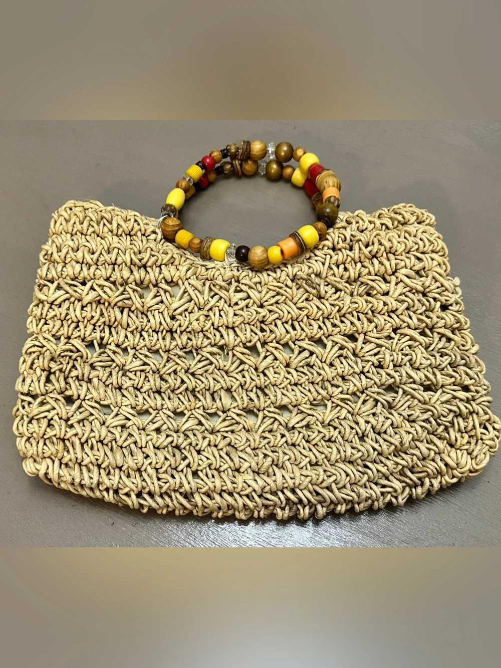 Vintage Straw Woven Tote Bag Beaded Wooden Handles Beach Summer Vacation Purse